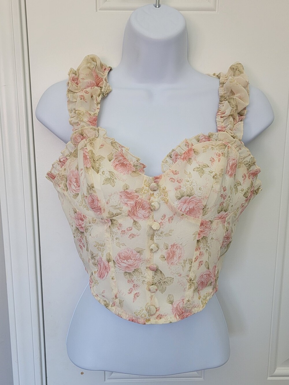CIDER Cream Rose Floral Ruffle Strap Corset Style Crop Top Coquette Size XS